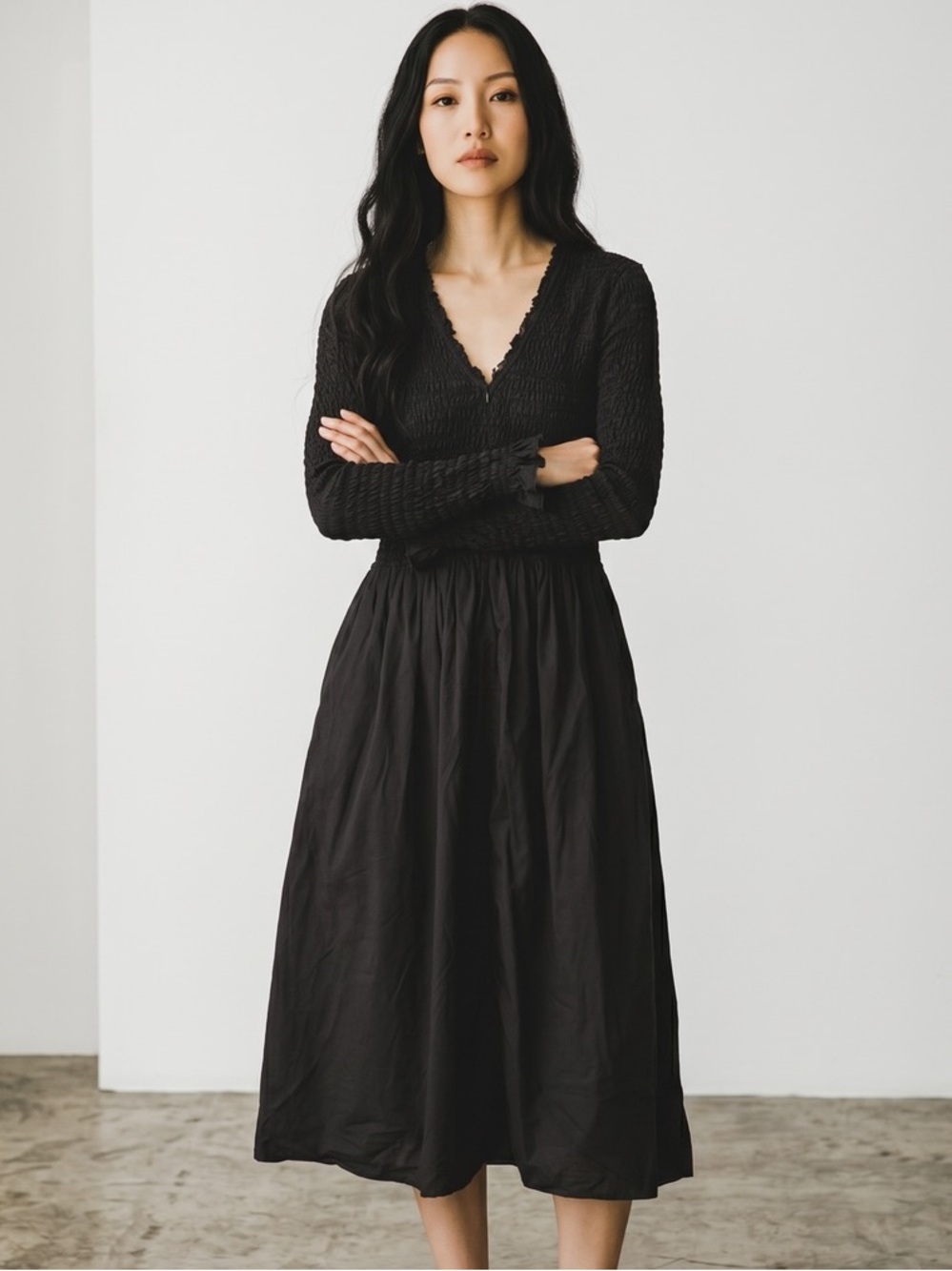 Sea New York Black V-Neck Long Sleeve A-Line Dress